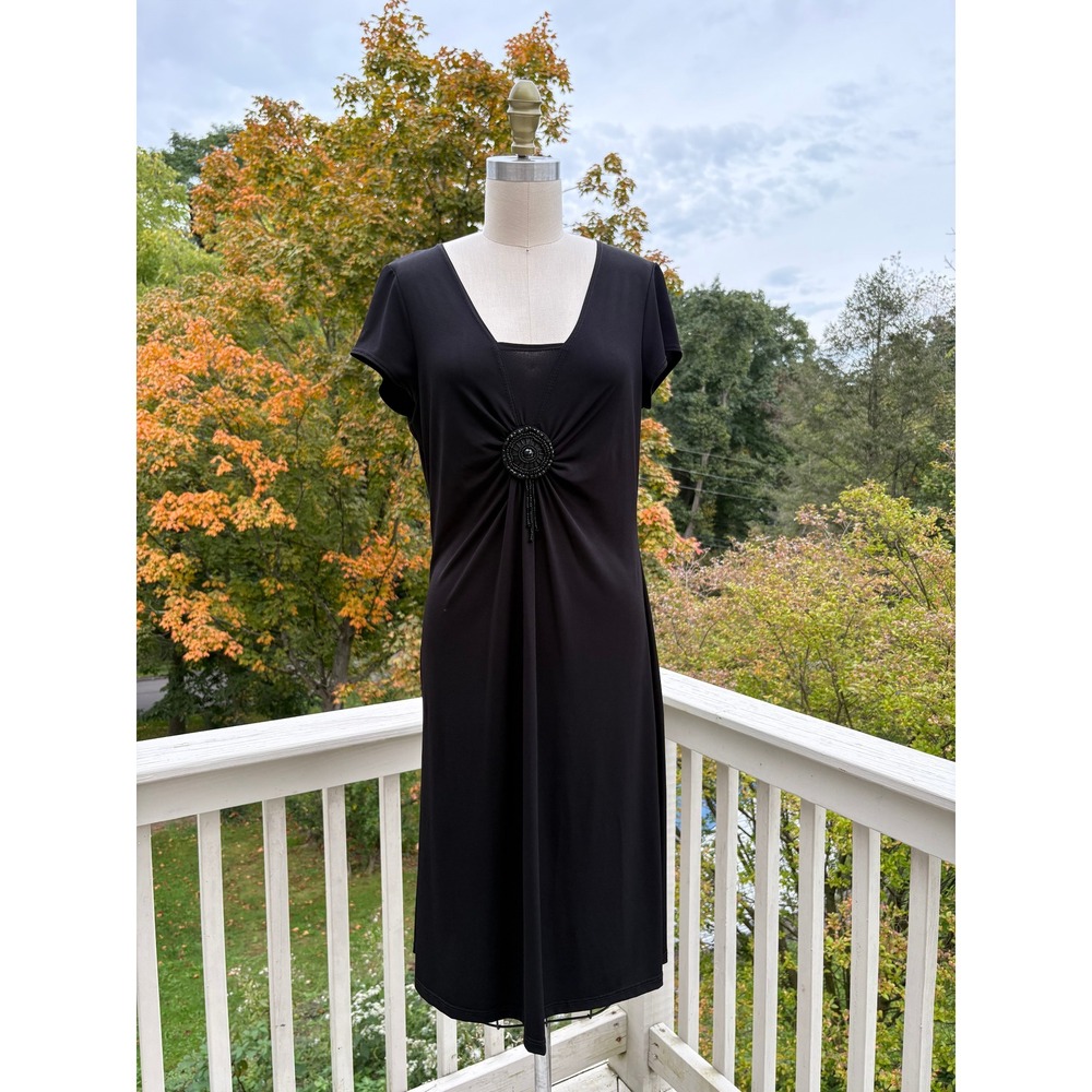 Vintage Y2K Elementz Dress PM Black Beaded Ruched V-Neck Midi Whimsigoth LBD